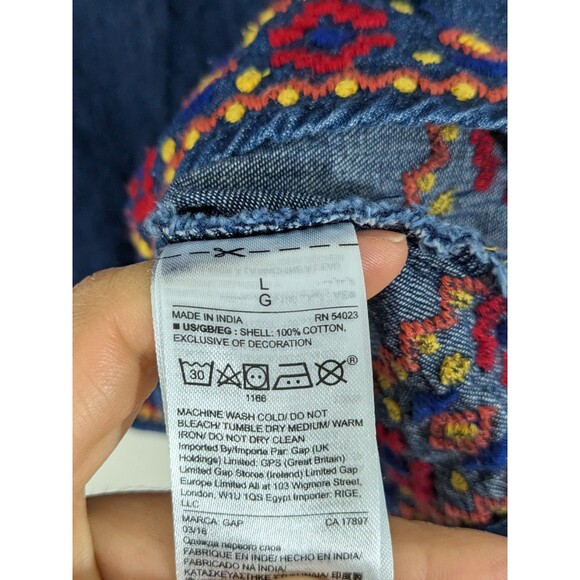 Gap Denim Multicolor Embroidered Sleeveless Jean Top Size L Women's Pocahontas - Picture 7 of 8